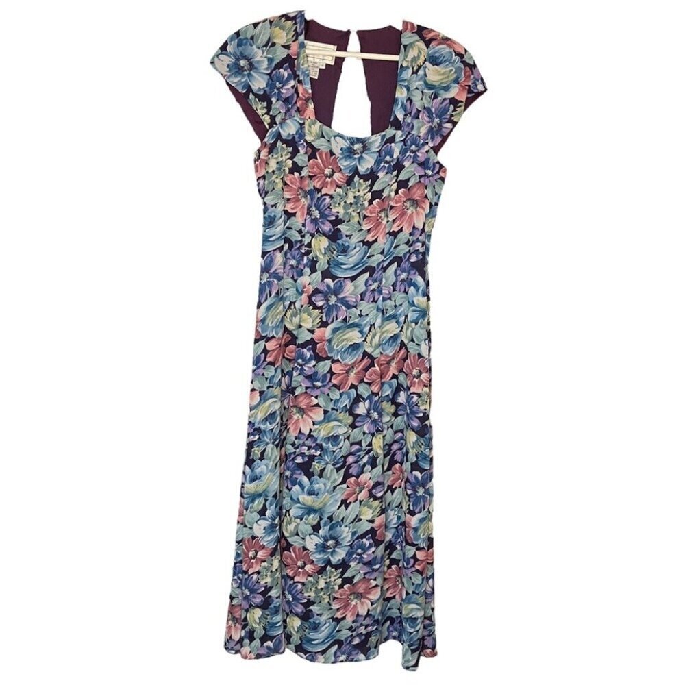 Vtg Karin Stevens‎ Maxi Dress Floral Cut Out Back Romantic Flowy Cottage Prairie